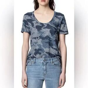 Zadig & Voltaire Awa Linen Blue Myrtille Camo Scoop Neck T-shirt Tee XS Top